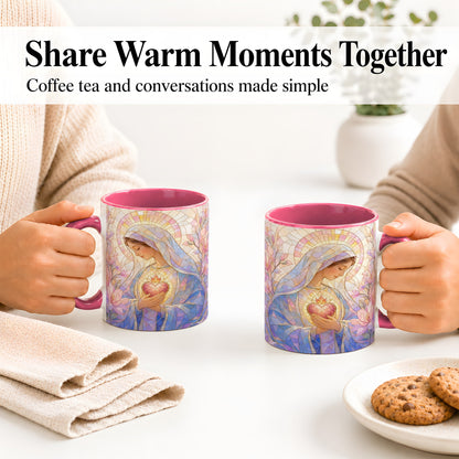 #pl[11oz|Pink] Marian Stained Glass Ceramic Mug, Floral Religious Art for Christians