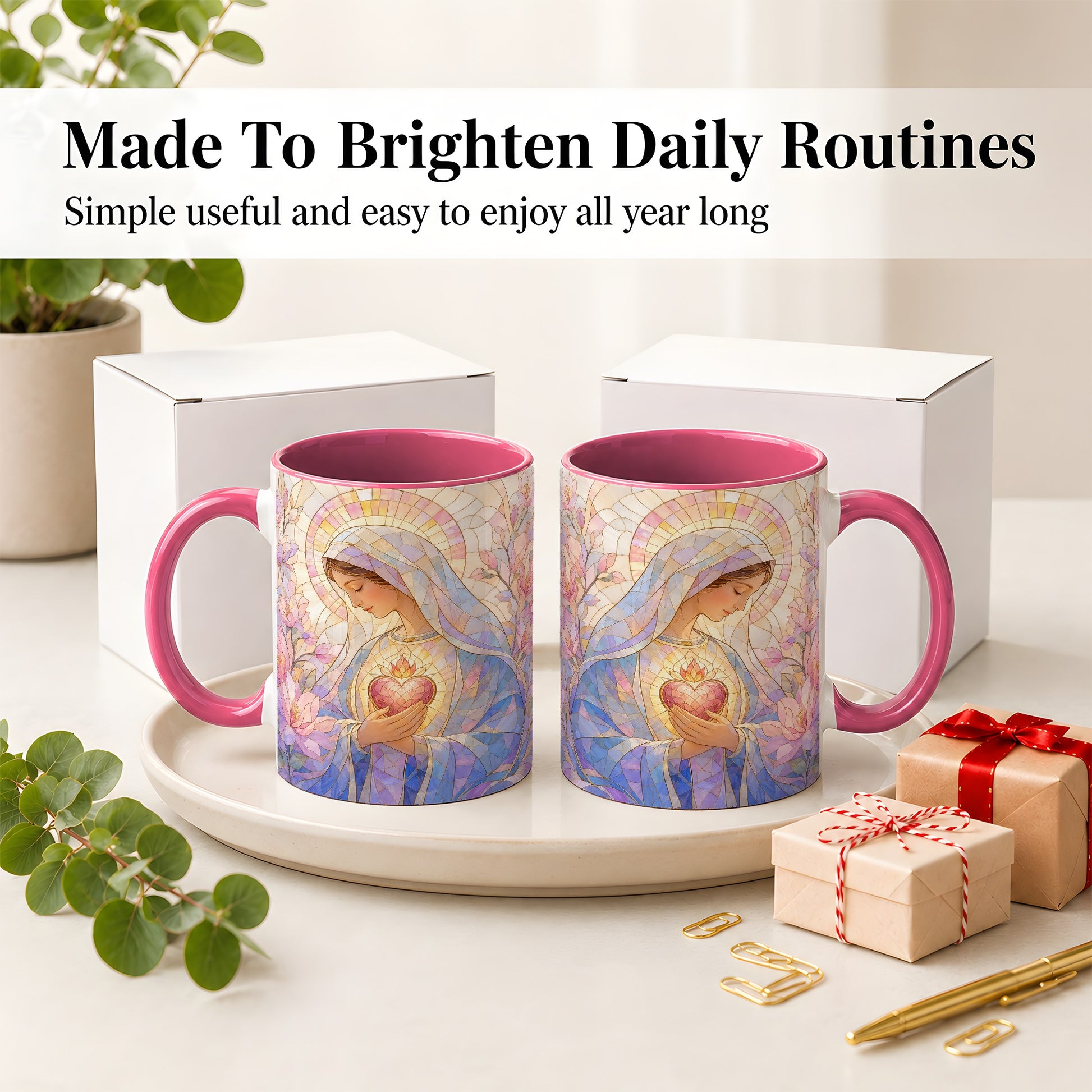 #pl[11oz|Pink] Marian Stained Glass Ceramic Mug, Floral Religious Art for Christians