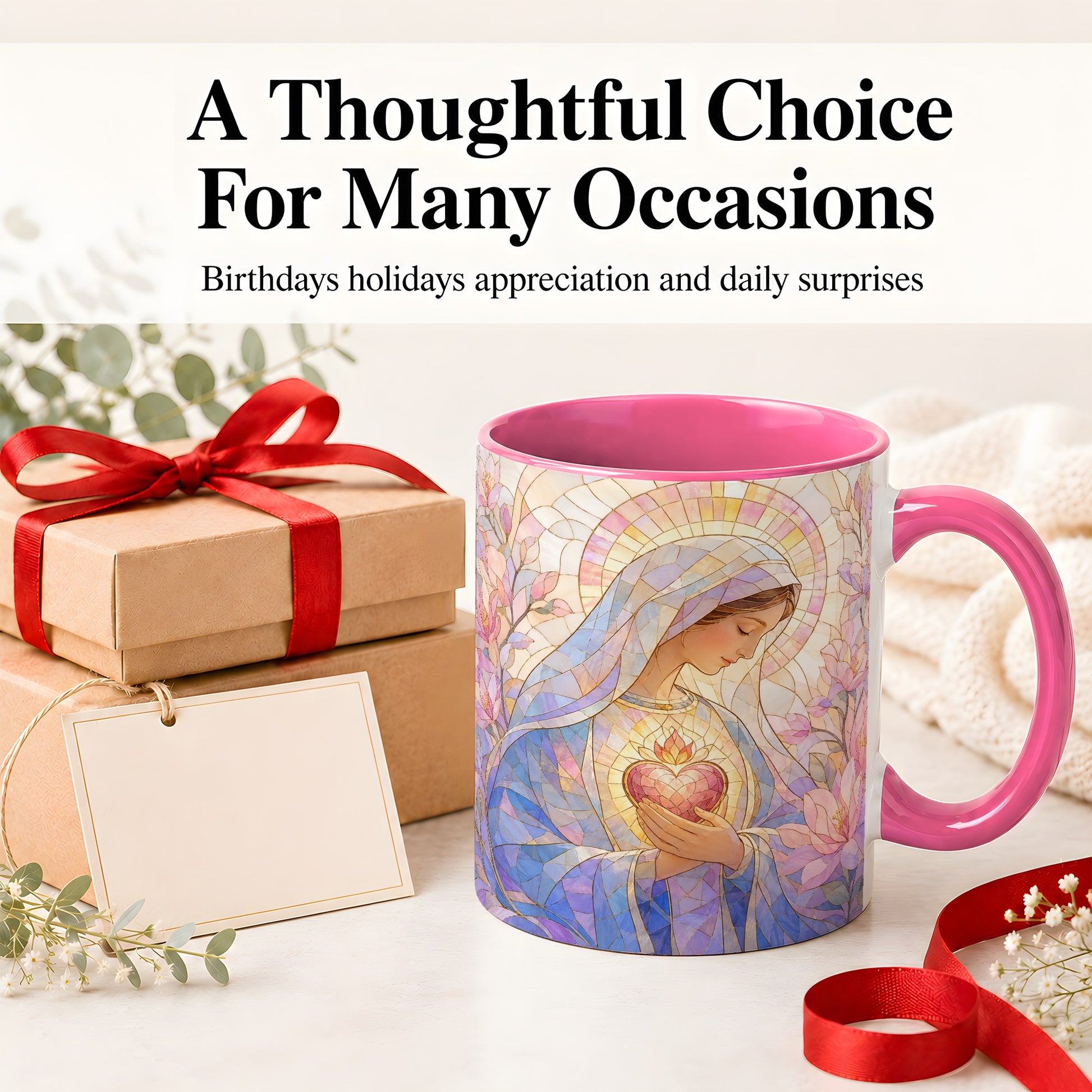 #pl[11oz|Pink] Marian Stained Glass Ceramic Mug, Floral Religious Art for Christians