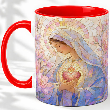 Marian Stained Glass Ceramic Mug, Floral Religious Art for Christians