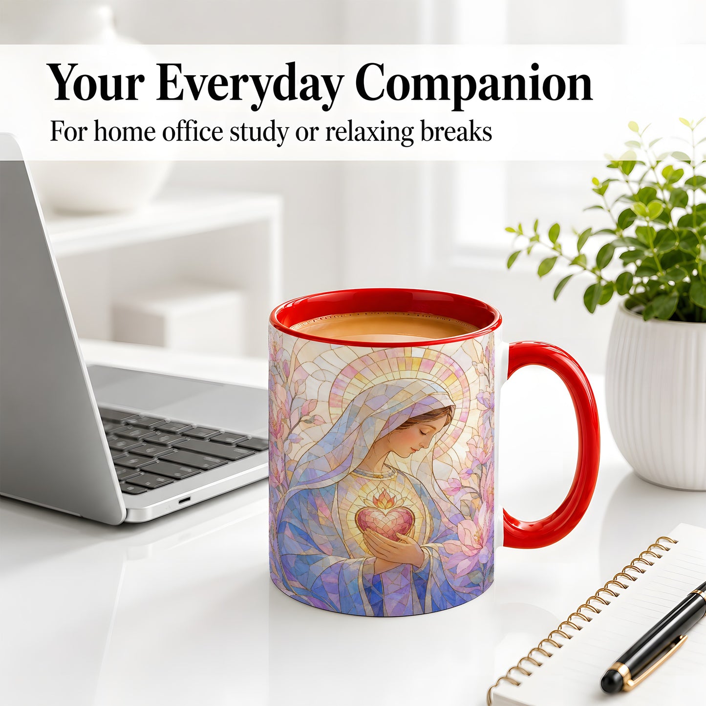 #pl[11oz|Red] Marian Stained Glass Ceramic Mug, Floral Religious Art for Christians