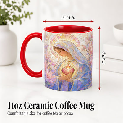 #pl[11oz|Red] Marian Stained Glass Ceramic Mug, Floral Religious Art for Christians