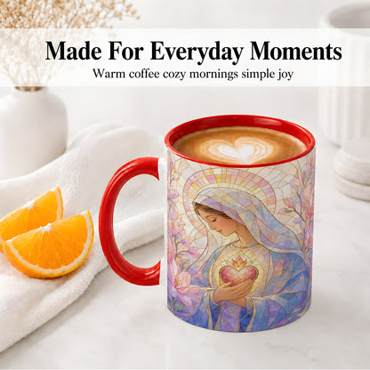 #pl[11oz|Red] Marian Stained Glass Ceramic Mug, Floral Religious Art for Christians
