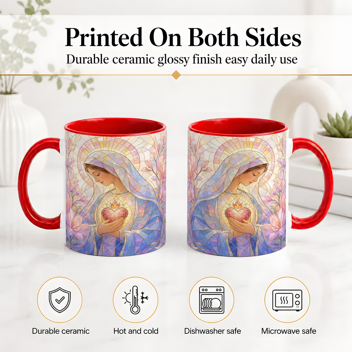 #pl[11oz|Red] Marian Stained Glass Ceramic Mug, Floral Religious Art for Christians