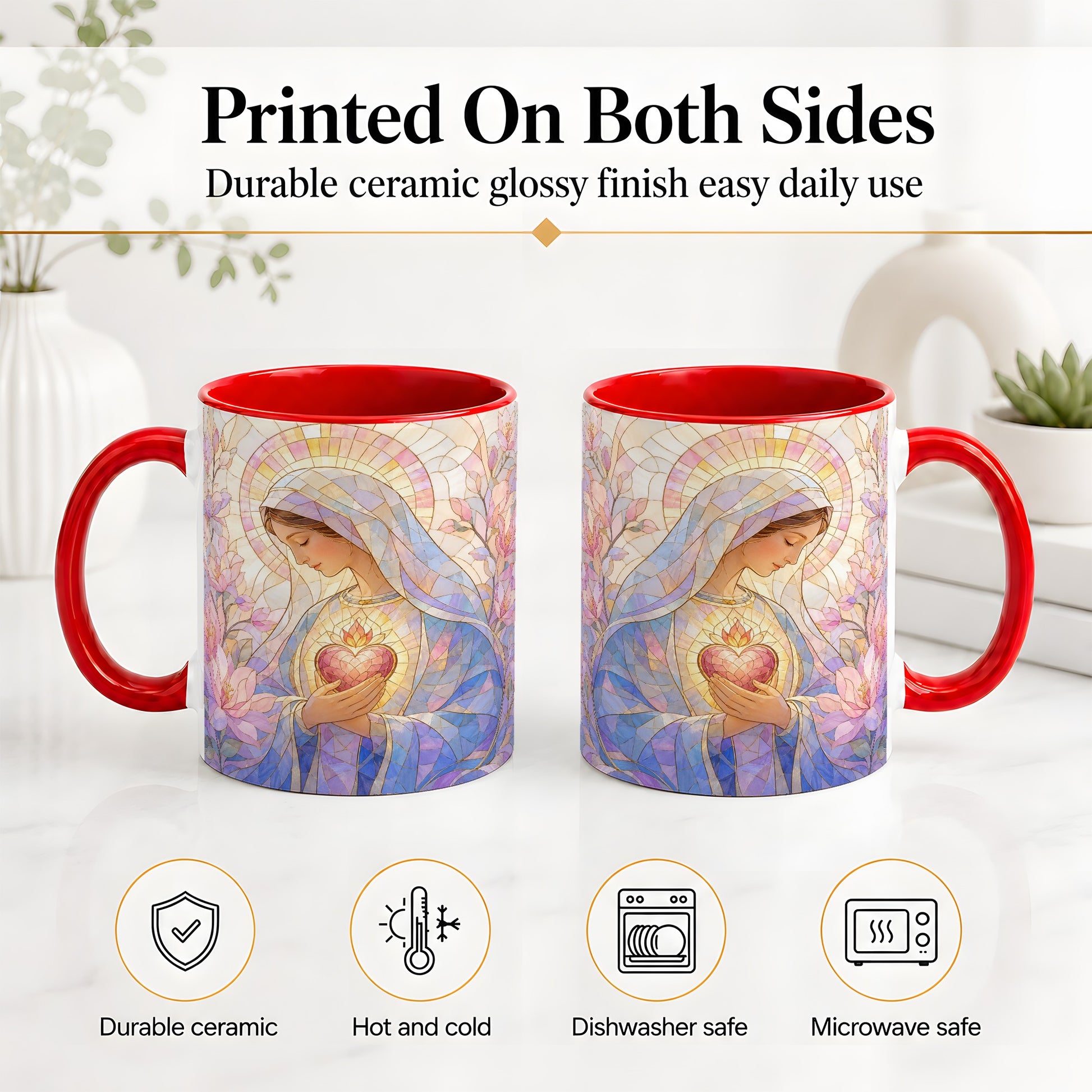 #pl[11oz|Red] Marian Stained Glass Ceramic Mug, Floral Religious Art for Christians