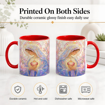 #pl[11oz|Red] Marian Stained Glass Ceramic Mug, Floral Religious Art for Christians