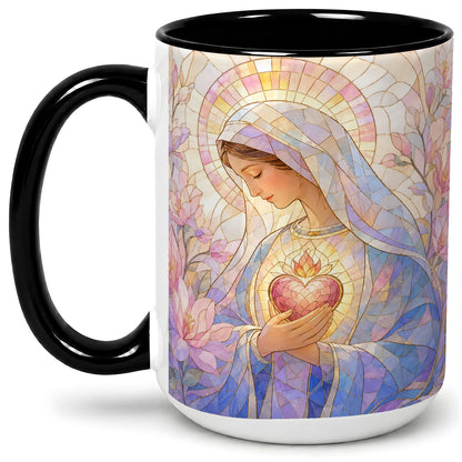 #pl[15oz|Black] Marian Stained Glass Ceramic Mug, Floral Religious Art for Christians