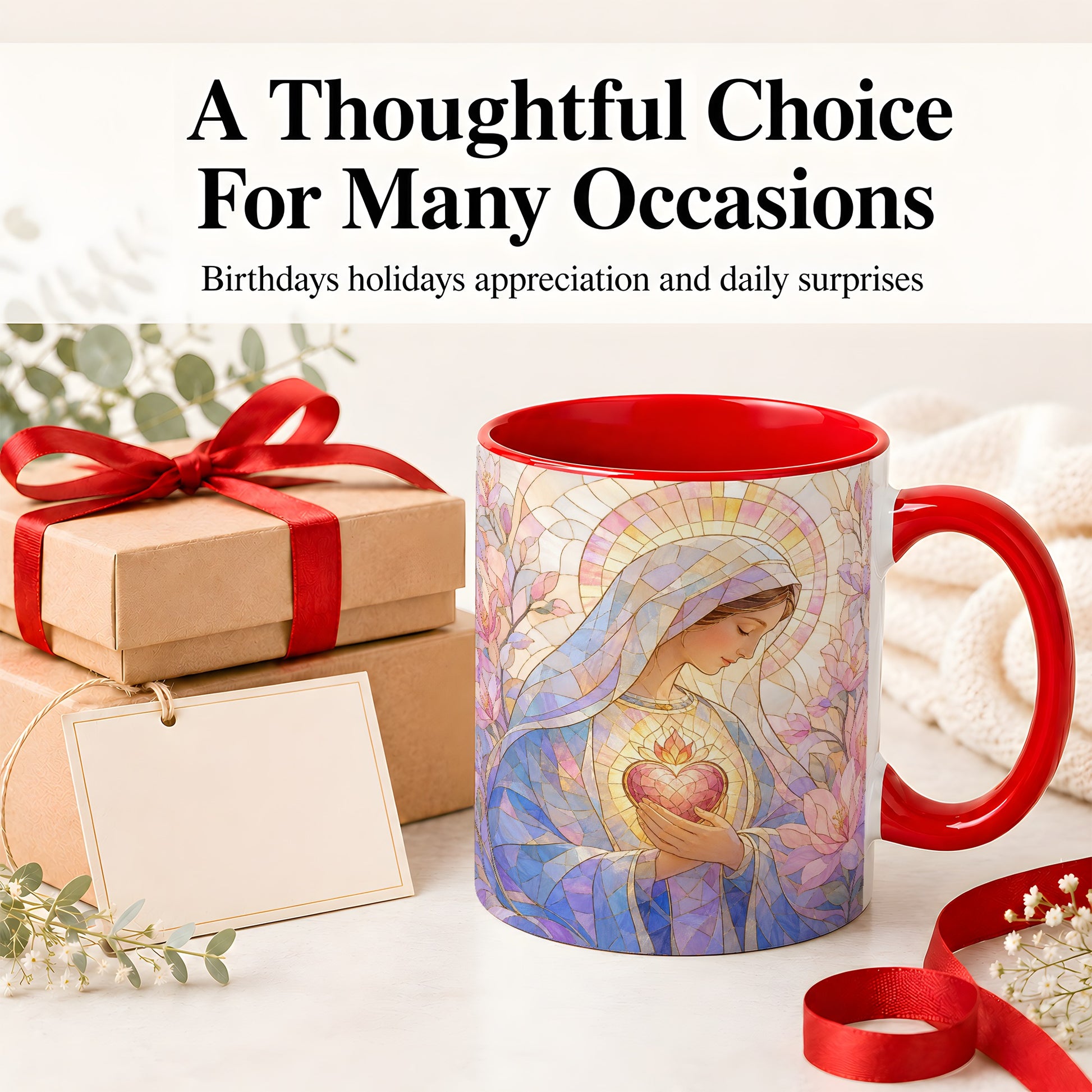 #pl[11oz|Red] Marian Stained Glass Ceramic Mug, Floral Religious Art for Christians