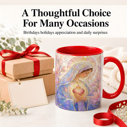 #pl[11oz|Red] Marian Stained Glass Ceramic Mug, Floral Religious Art for Christians