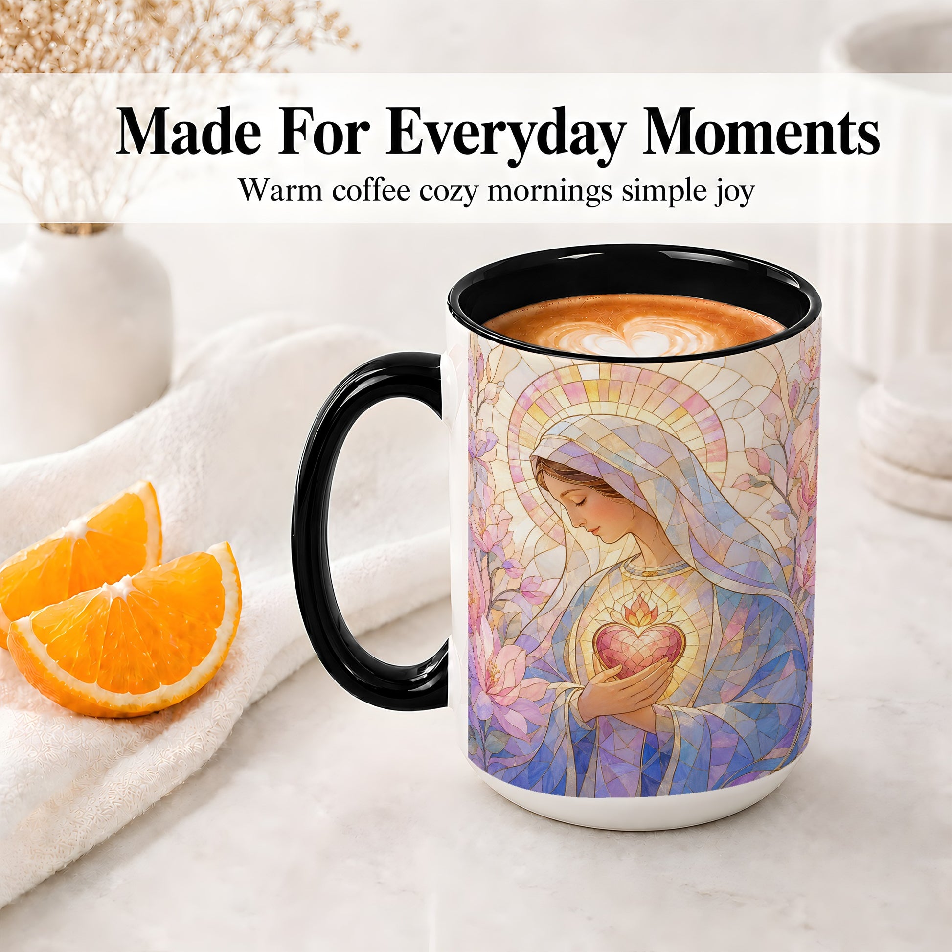 #pl[15oz|Black] Marian Stained Glass Ceramic Mug, Floral Religious Art for Christians