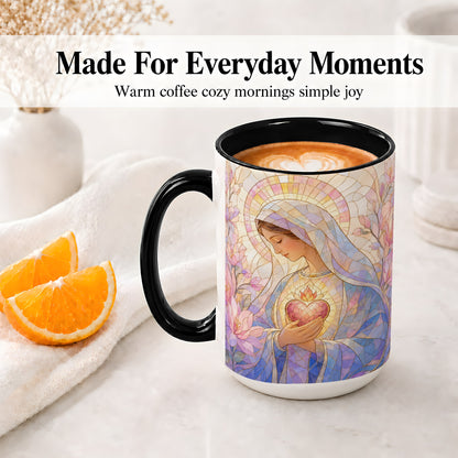 #pl[15oz|Black] Marian Stained Glass Ceramic Mug, Floral Religious Art for Christians