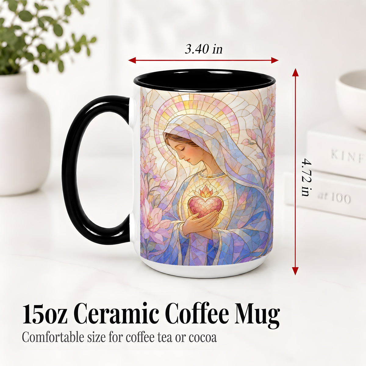 #pl[15oz|Black] Marian Stained Glass Ceramic Mug, Floral Religious Art for Christians