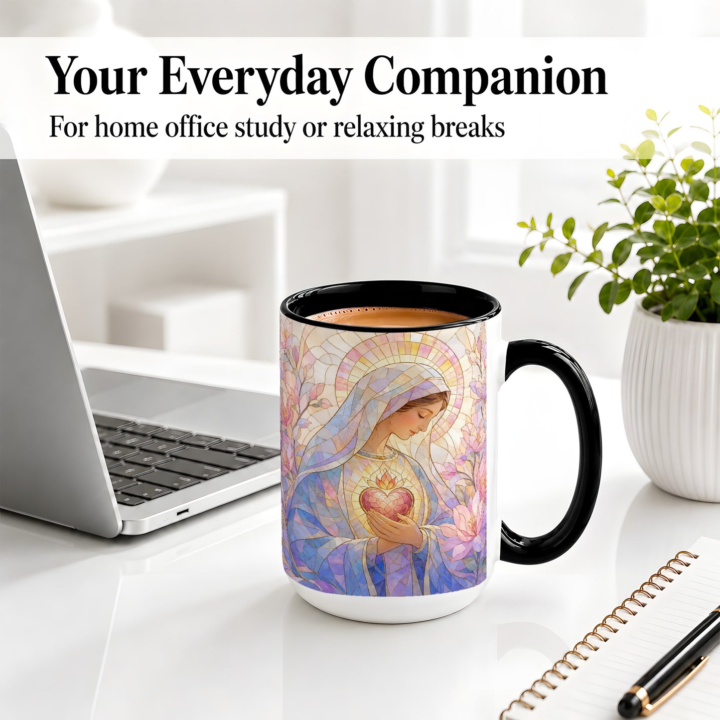 #pl[15oz|Black] Marian Stained Glass Ceramic Mug, Floral Religious Art for Christians