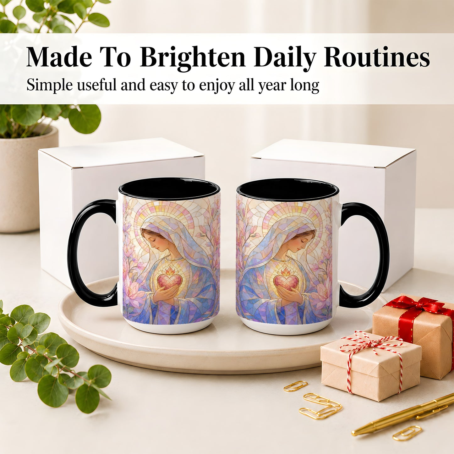 #pl[15oz|Black] Marian Stained Glass Ceramic Mug, Floral Religious Art for Christians