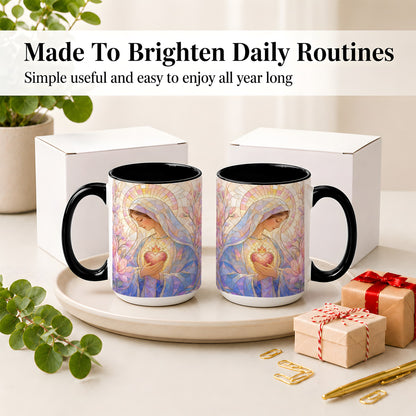 #pl[15oz|Black] Marian Stained Glass Ceramic Mug, Floral Religious Art for Christians