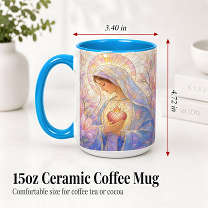 #pl[15oz|Blue] Marian Stained Glass Ceramic Mug, Floral Religious Art for Christians