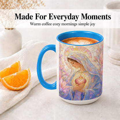 #pl[15oz|Blue] Marian Stained Glass Ceramic Mug, Floral Religious Art for Christians