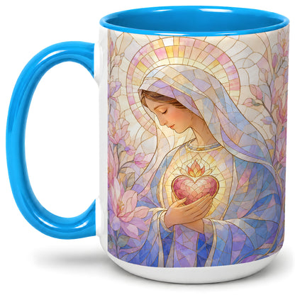#pl[15oz|Blue] Marian Stained Glass Ceramic Mug, Floral Religious Art for Christians