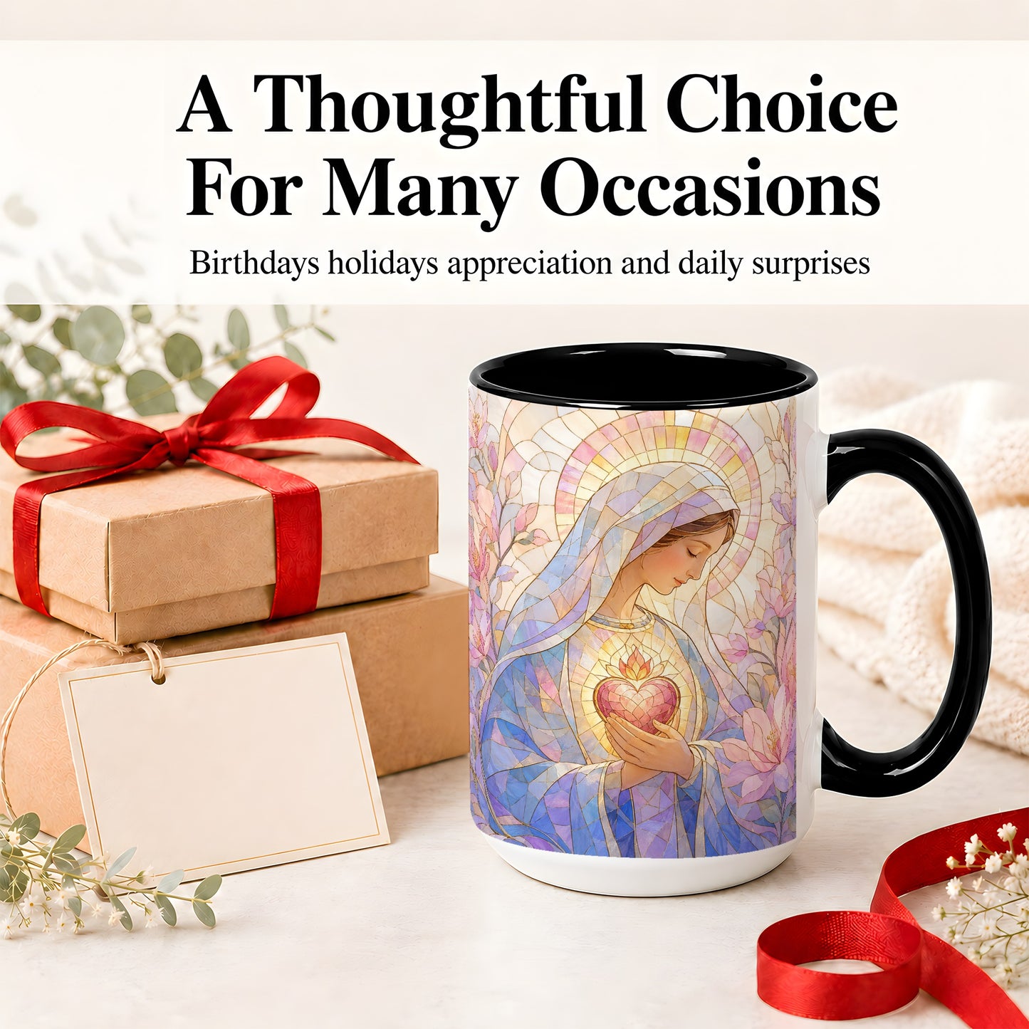 #pl[15oz|Black] Marian Stained Glass Ceramic Mug, Floral Religious Art for Christians