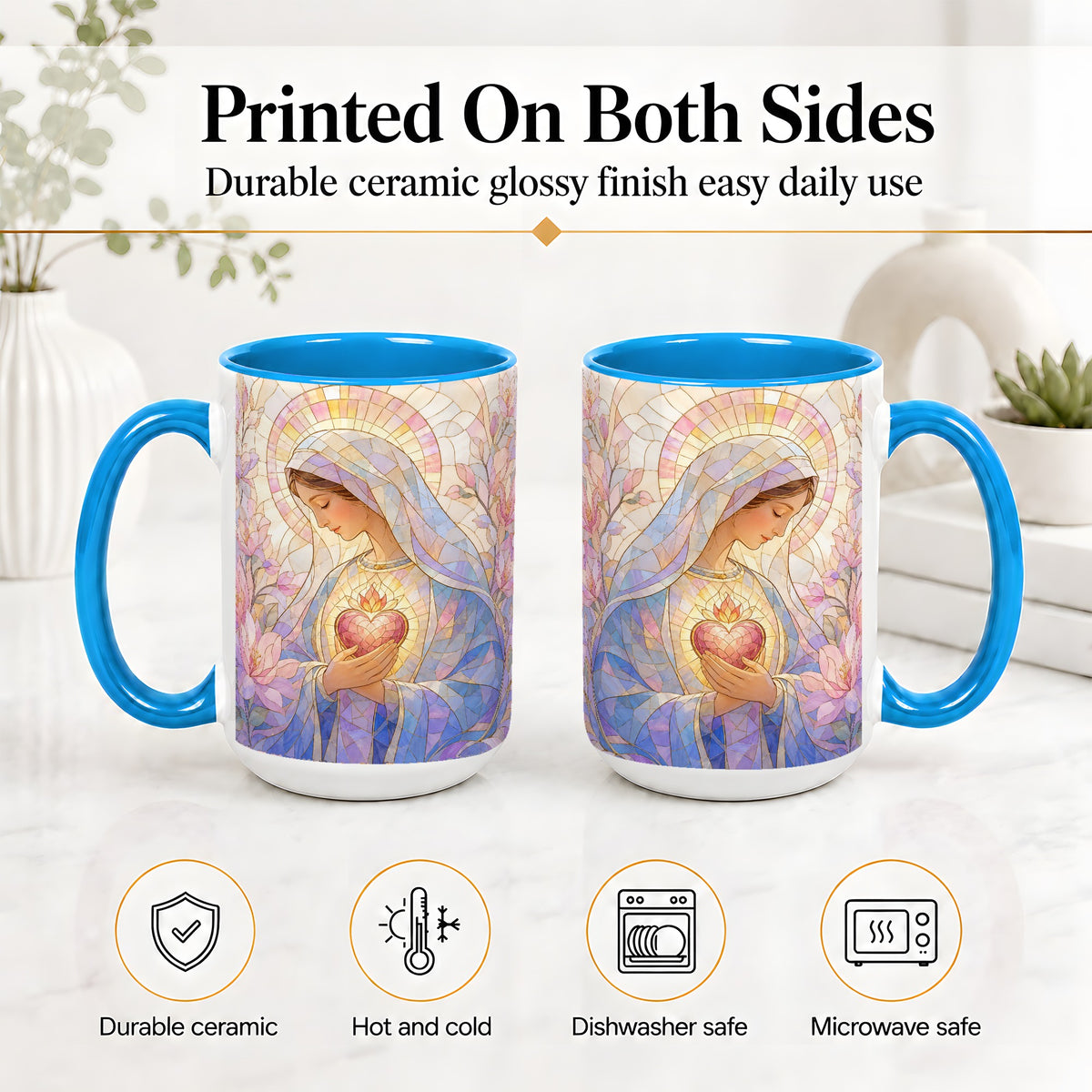 #pl[15oz|Blue] Marian Stained Glass Ceramic Mug, Floral Religious Art for Christians