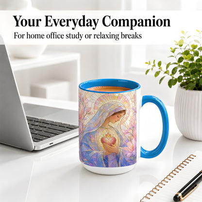 #pl[15oz|Blue] Marian Stained Glass Ceramic Mug, Floral Religious Art for Christians