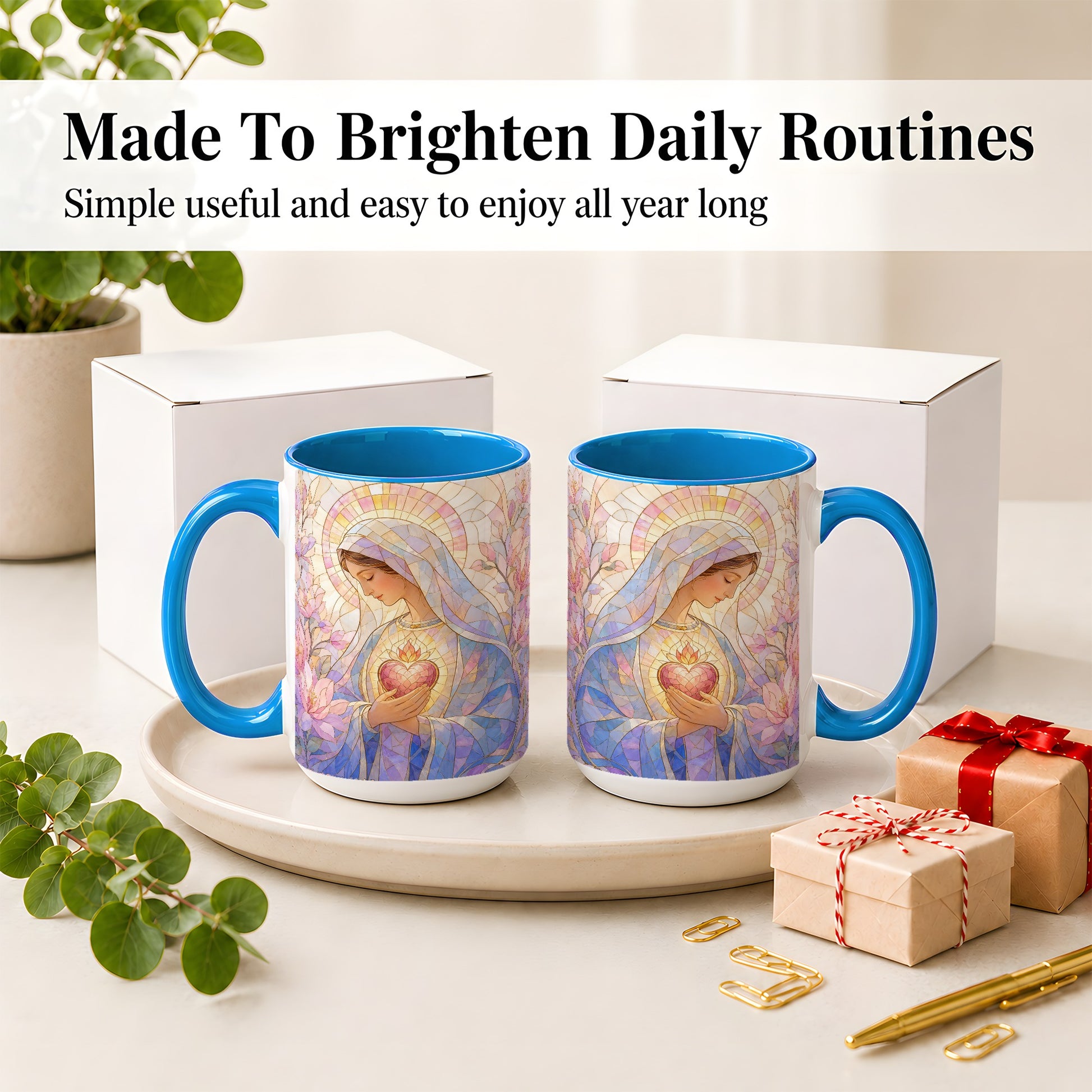 #pl[15oz|Blue] Marian Stained Glass Ceramic Mug, Floral Religious Art for Christians