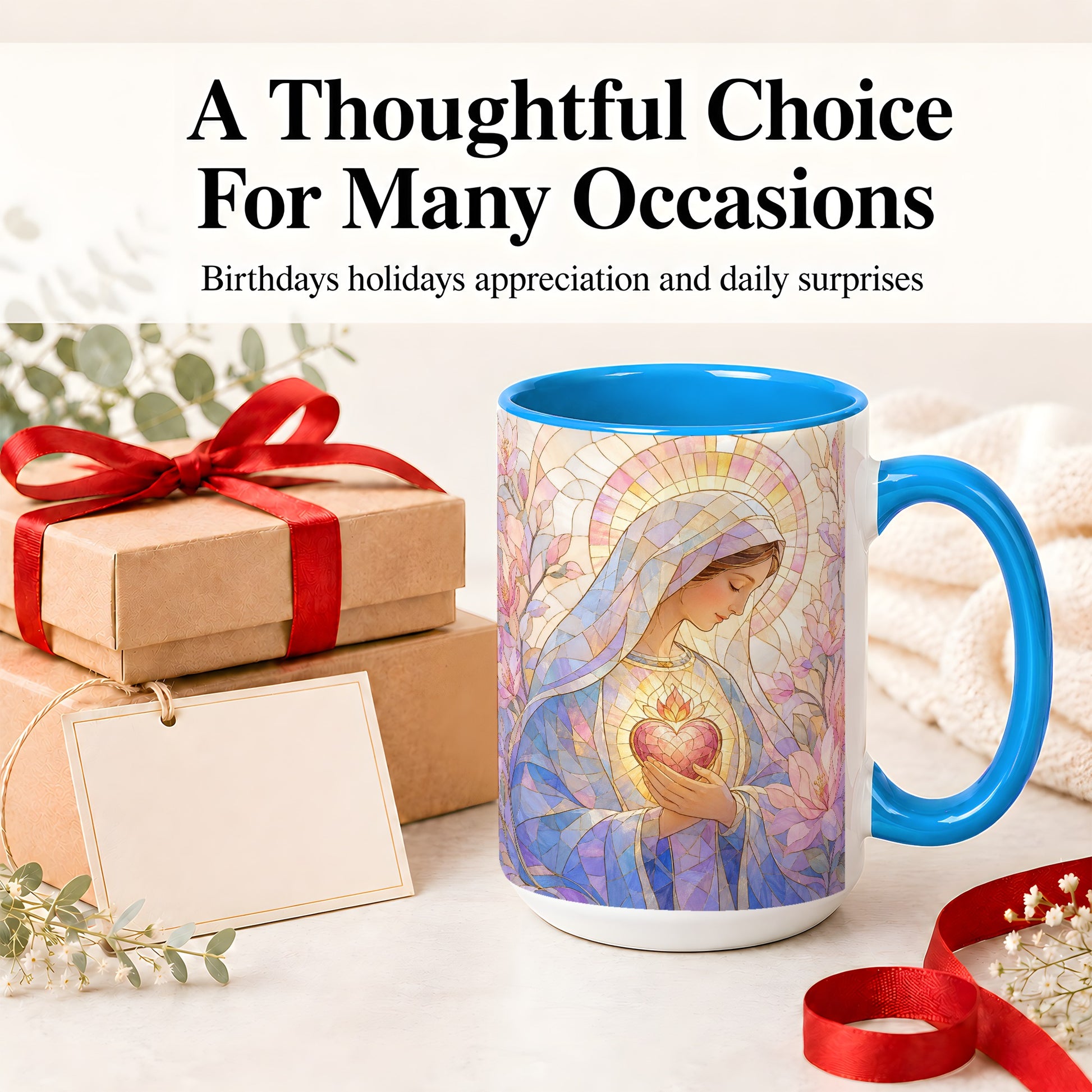 #pl[15oz|Blue] Marian Stained Glass Ceramic Mug, Floral Religious Art for Christians