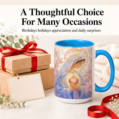 #pl[15oz|Blue] Marian Stained Glass Ceramic Mug, Floral Religious Art for Christians