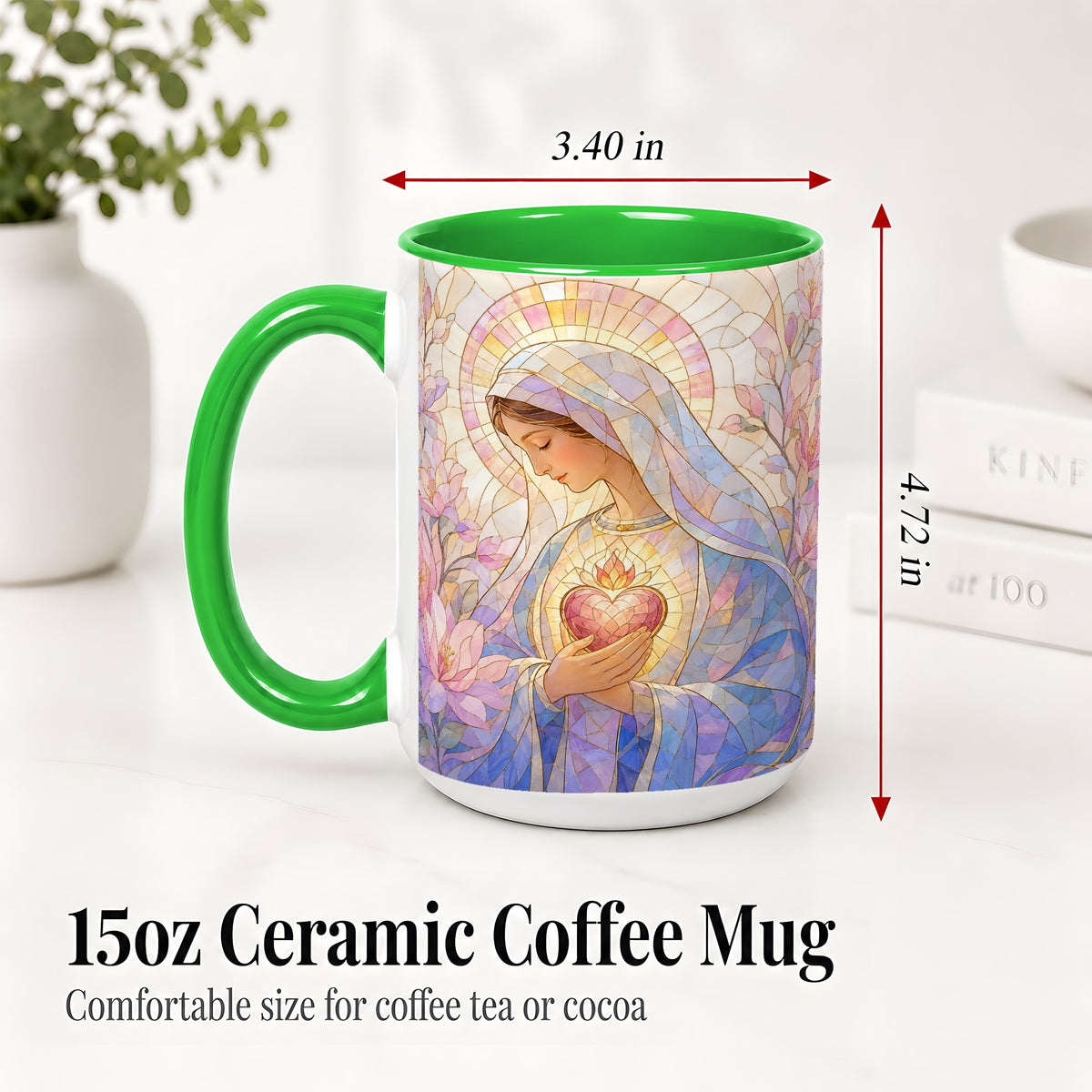 #pl[15oz|Green] Marian Stained Glass Ceramic Mug, Floral Religious Art for Christians