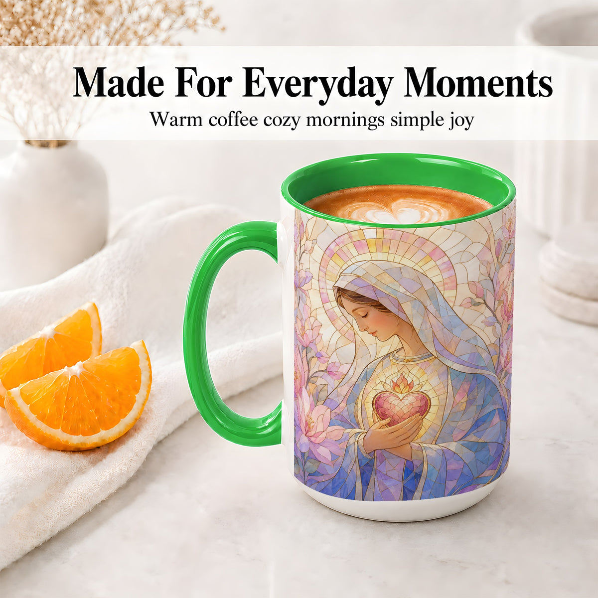 #pl[15oz|Green] Marian Stained Glass Ceramic Mug, Floral Religious Art for Christians