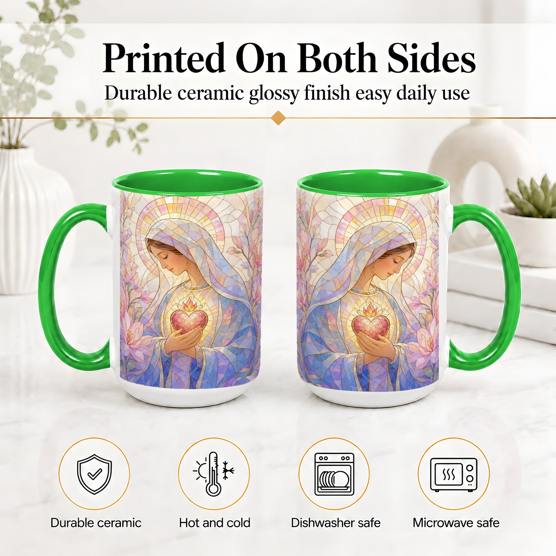 #pl[15oz|Green] Marian Stained Glass Ceramic Mug, Floral Religious Art for Christians