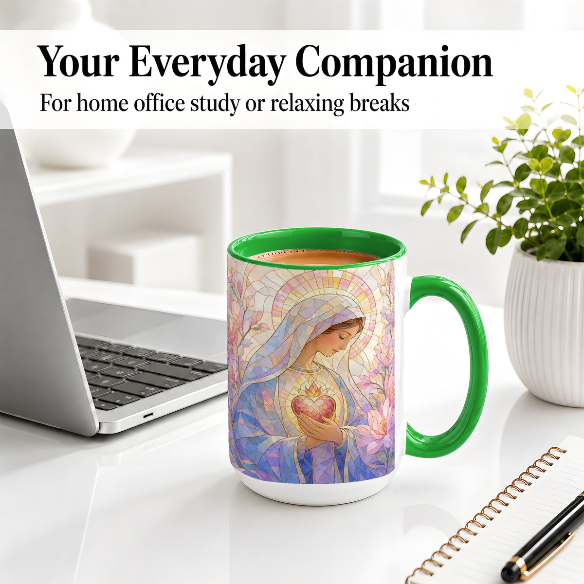 #pl[15oz|Green] Marian Stained Glass Ceramic Mug, Floral Religious Art for Christians