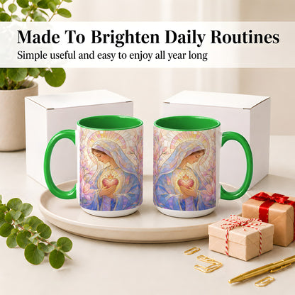 #pl[15oz|Green] Marian Stained Glass Ceramic Mug, Floral Religious Art for Christians