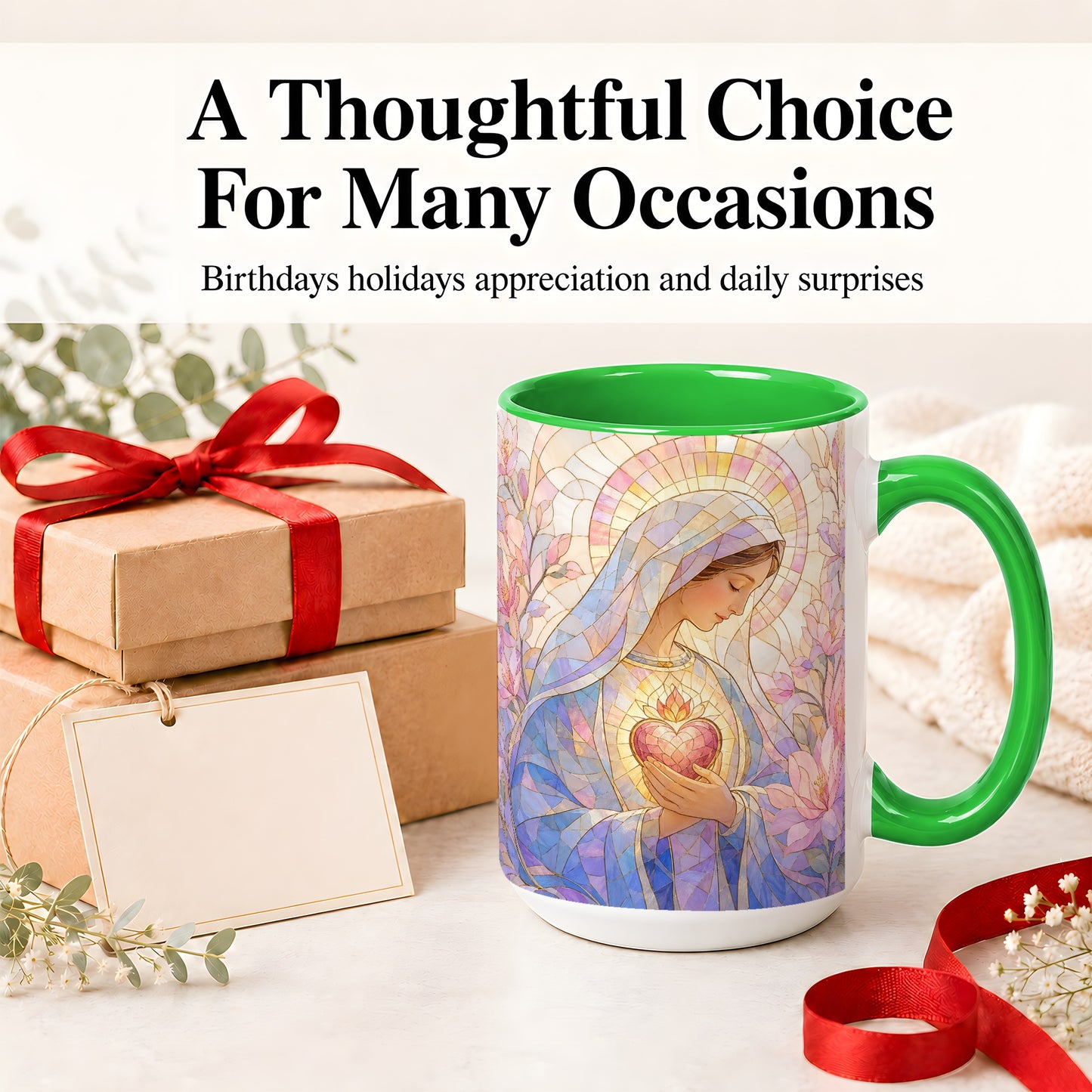 #pl[15oz|Green] Marian Stained Glass Ceramic Mug, Floral Religious Art for Christians