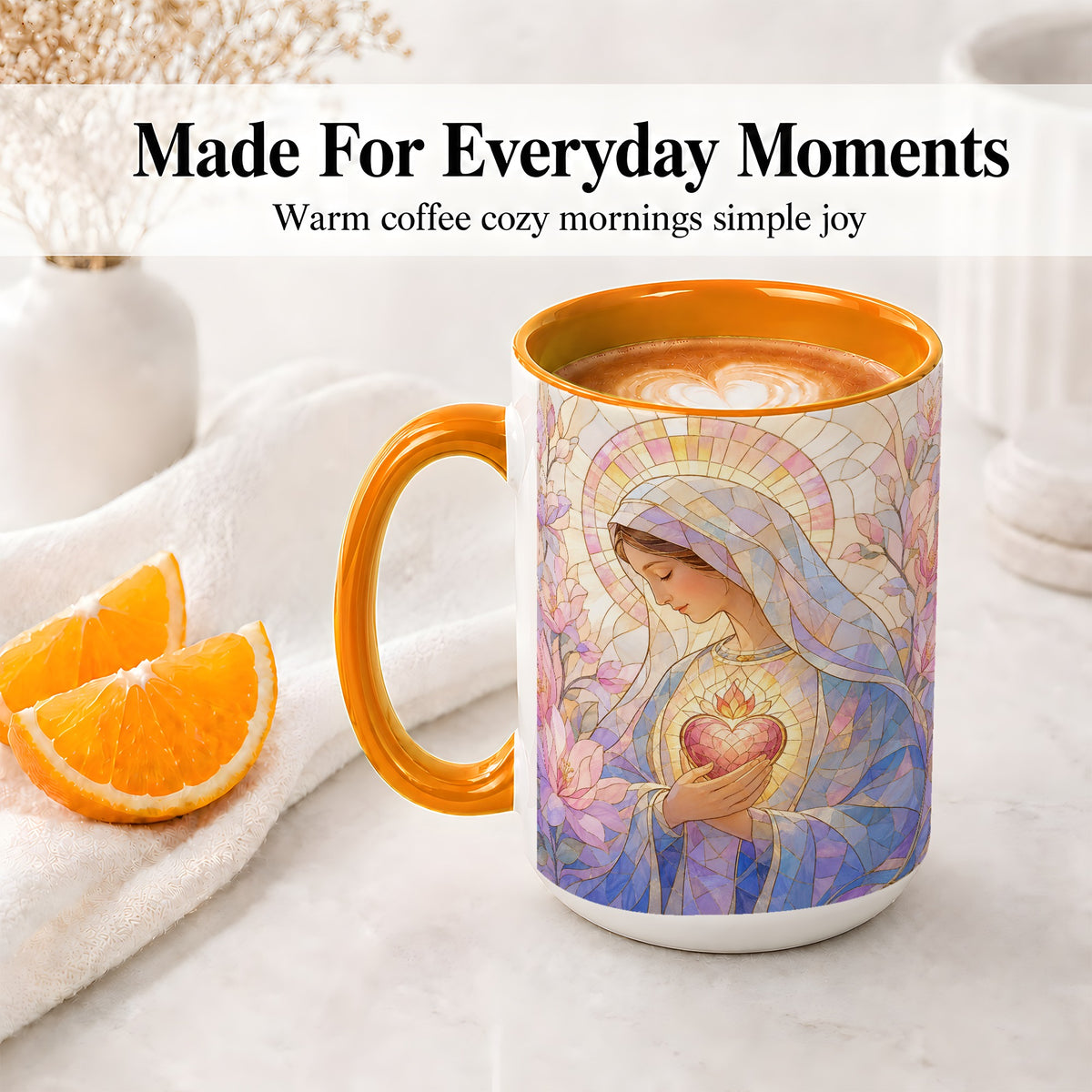 #pl[15oz|Orange] Marian Stained Glass Ceramic Mug, Floral Religious Art for Christians