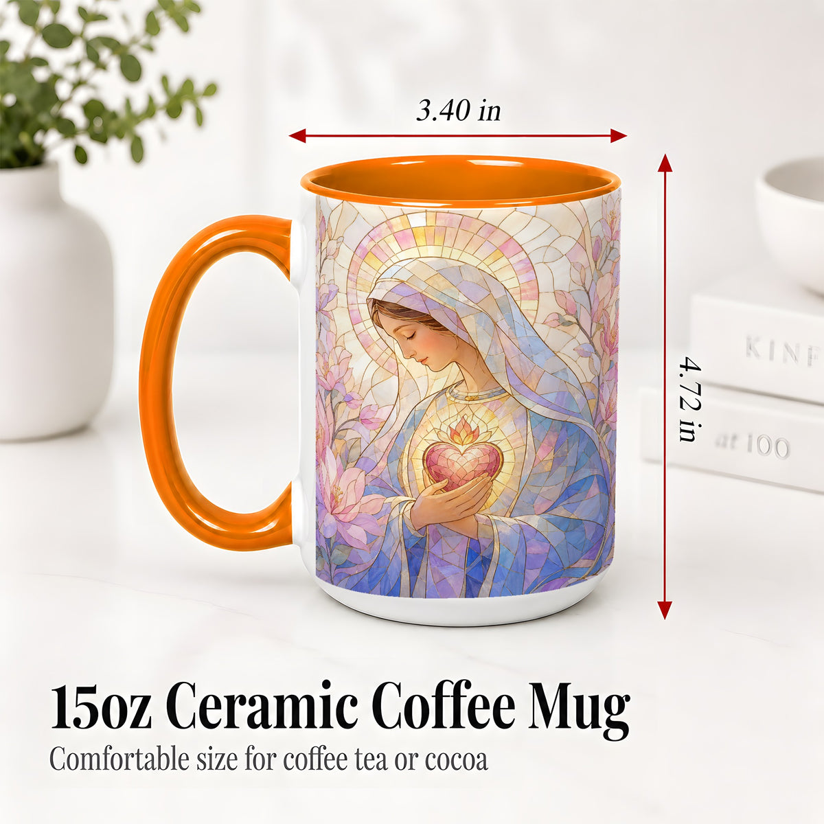#pl[15oz|Orange] Marian Stained Glass Ceramic Mug, Floral Religious Art for Christians