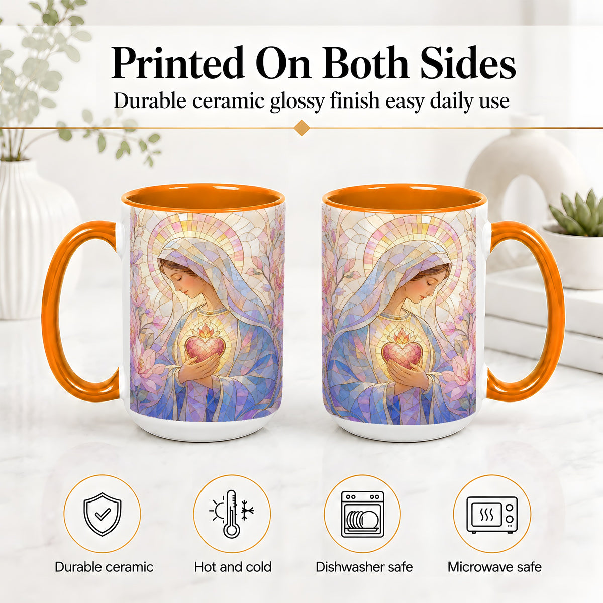 #pl[15oz|Orange] Marian Stained Glass Ceramic Mug, Floral Religious Art for Christians