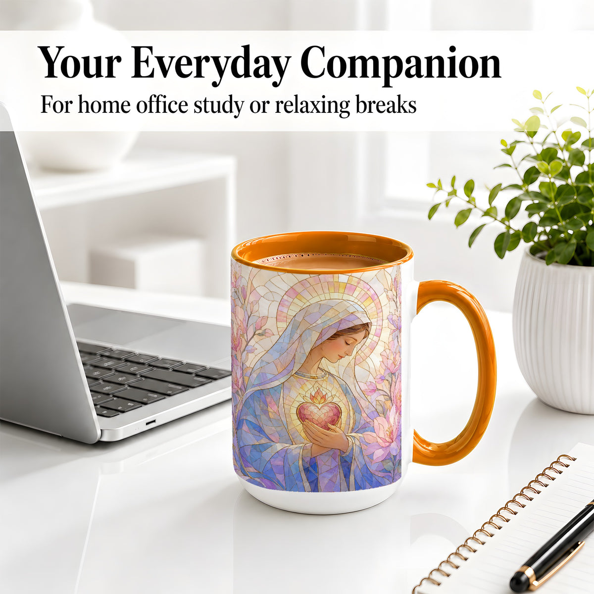 #pl[15oz|Orange] Marian Stained Glass Ceramic Mug, Floral Religious Art for Christians