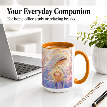 #pl[15oz|Orange] Marian Stained Glass Ceramic Mug, Floral Religious Art for Christians