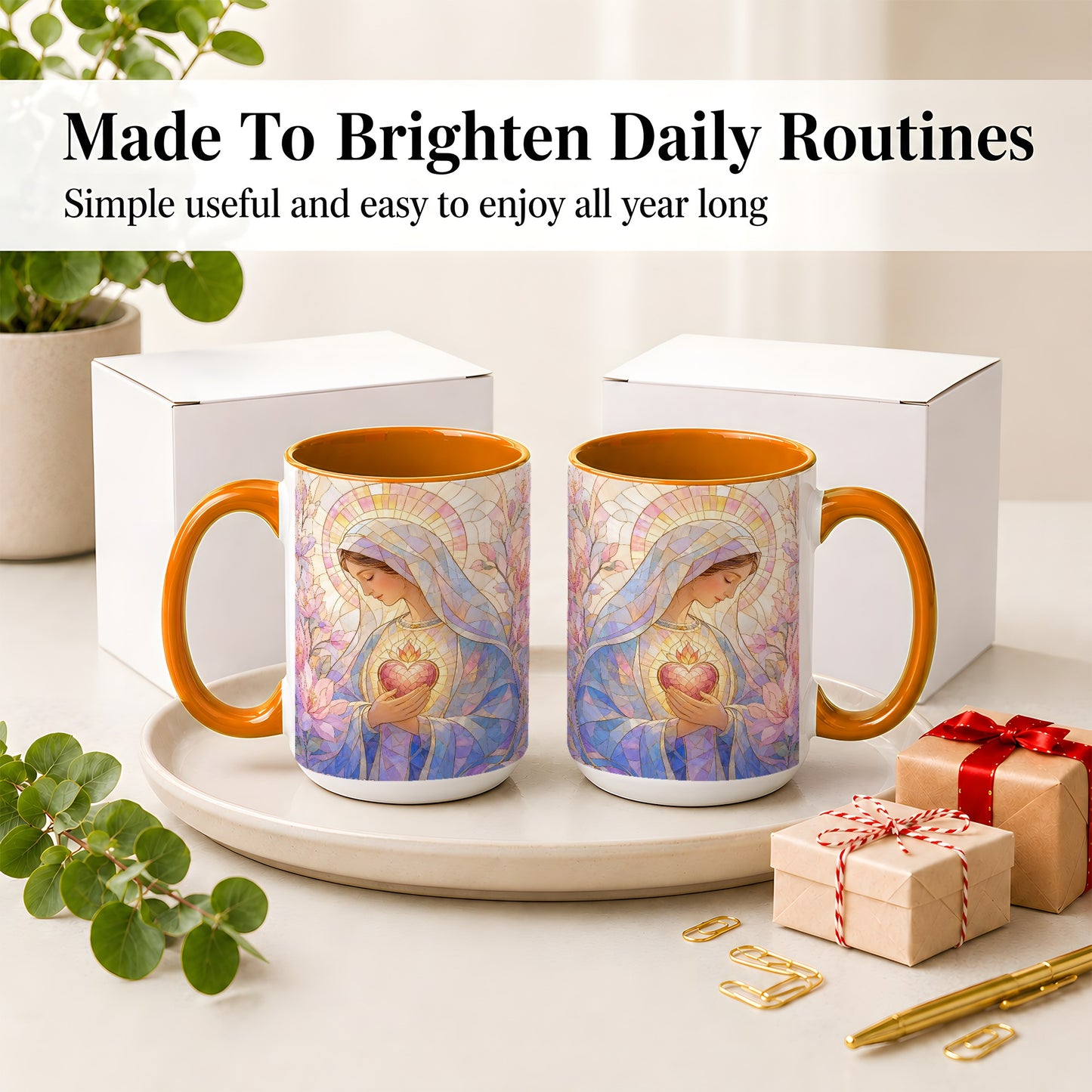 #pl[15oz|Orange] Marian Stained Glass Ceramic Mug, Floral Religious Art for Christians
