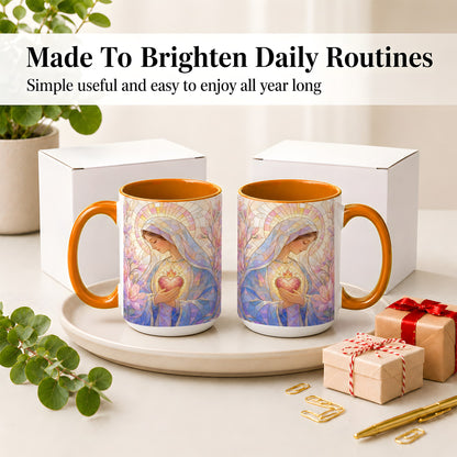 #pl[15oz|Orange] Marian Stained Glass Ceramic Mug, Floral Religious Art for Christians