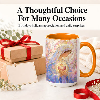 #pl[15oz|Orange] Marian Stained Glass Ceramic Mug, Floral Religious Art for Christians