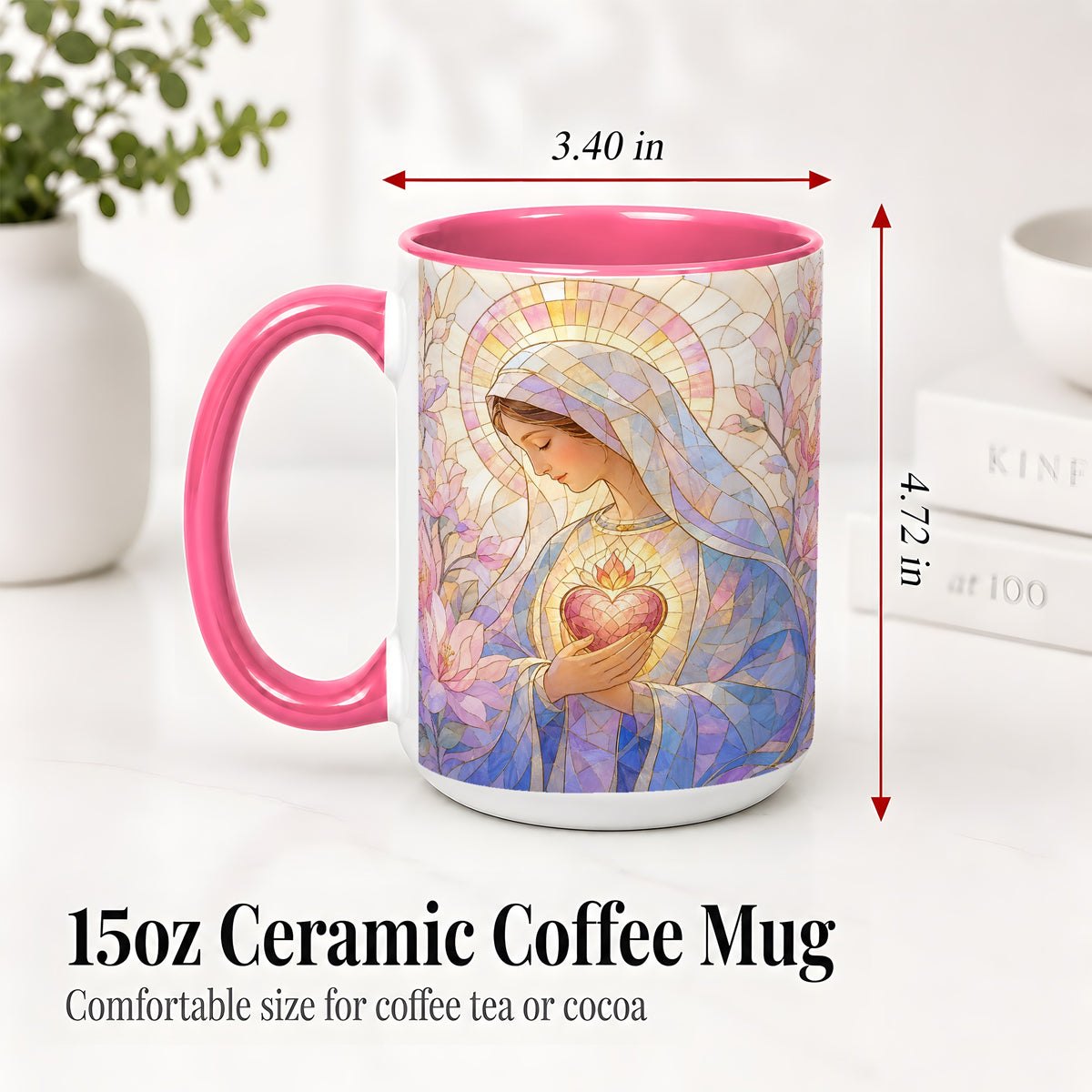#pl[15oz|Pink] Marian Stained Glass Ceramic Mug, Floral Religious Art for Christians