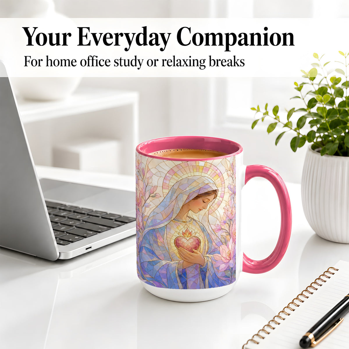 #pl[15oz|Pink] Marian Stained Glass Ceramic Mug, Floral Religious Art for Christians