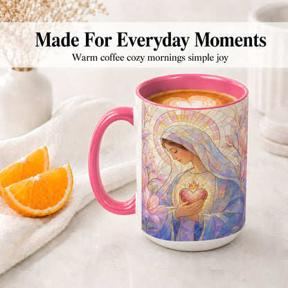 #pl[15oz|Pink] Marian Stained Glass Ceramic Mug, Floral Religious Art for Christians