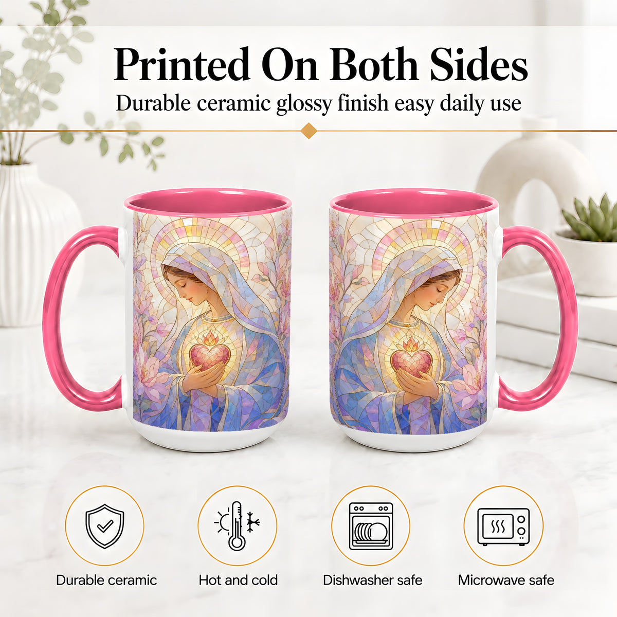 #pl[15oz|Pink] Marian Stained Glass Ceramic Mug, Floral Religious Art for Christians