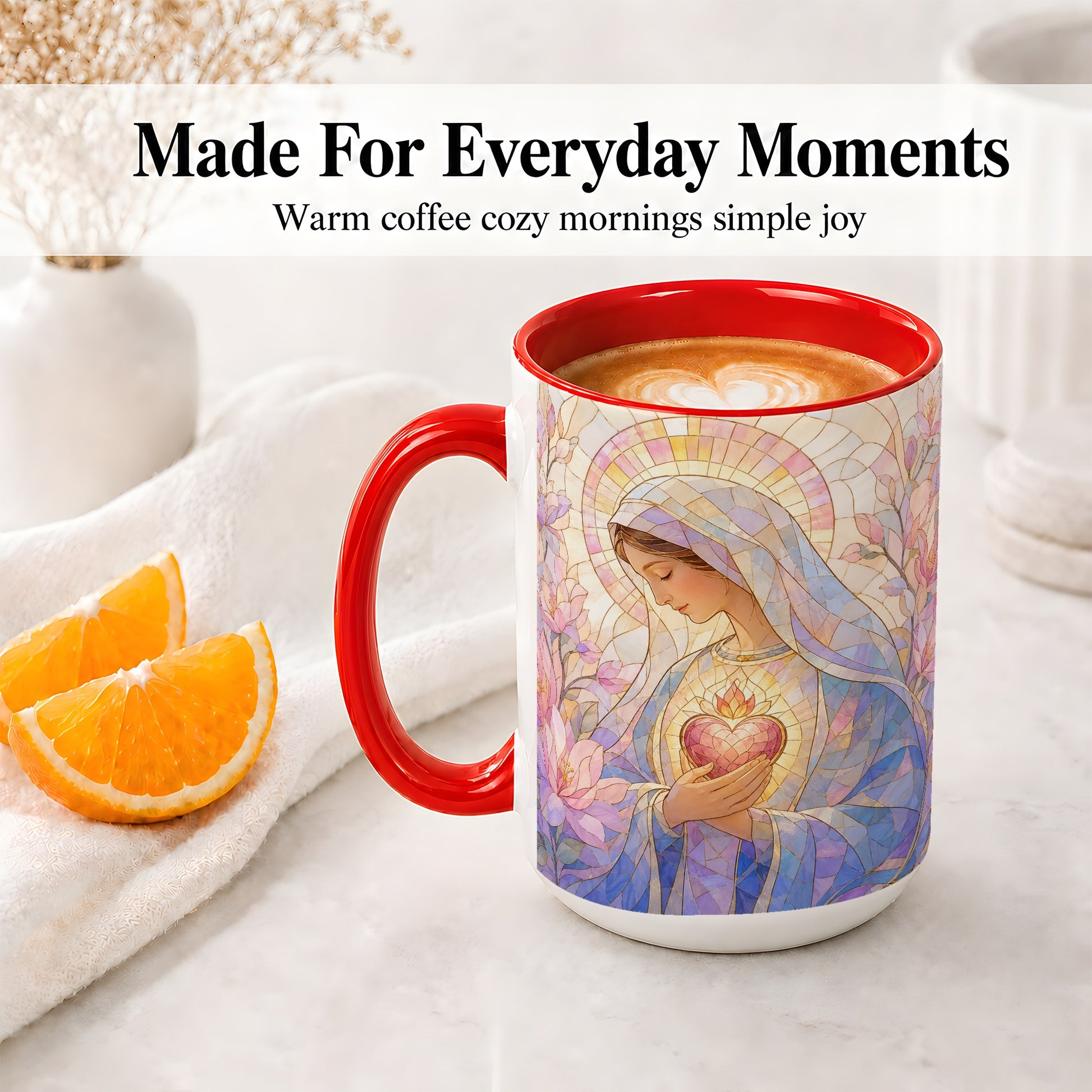 #pl[15oz|Red] Marian Stained Glass Ceramic Mug, Floral Religious Art for Christians