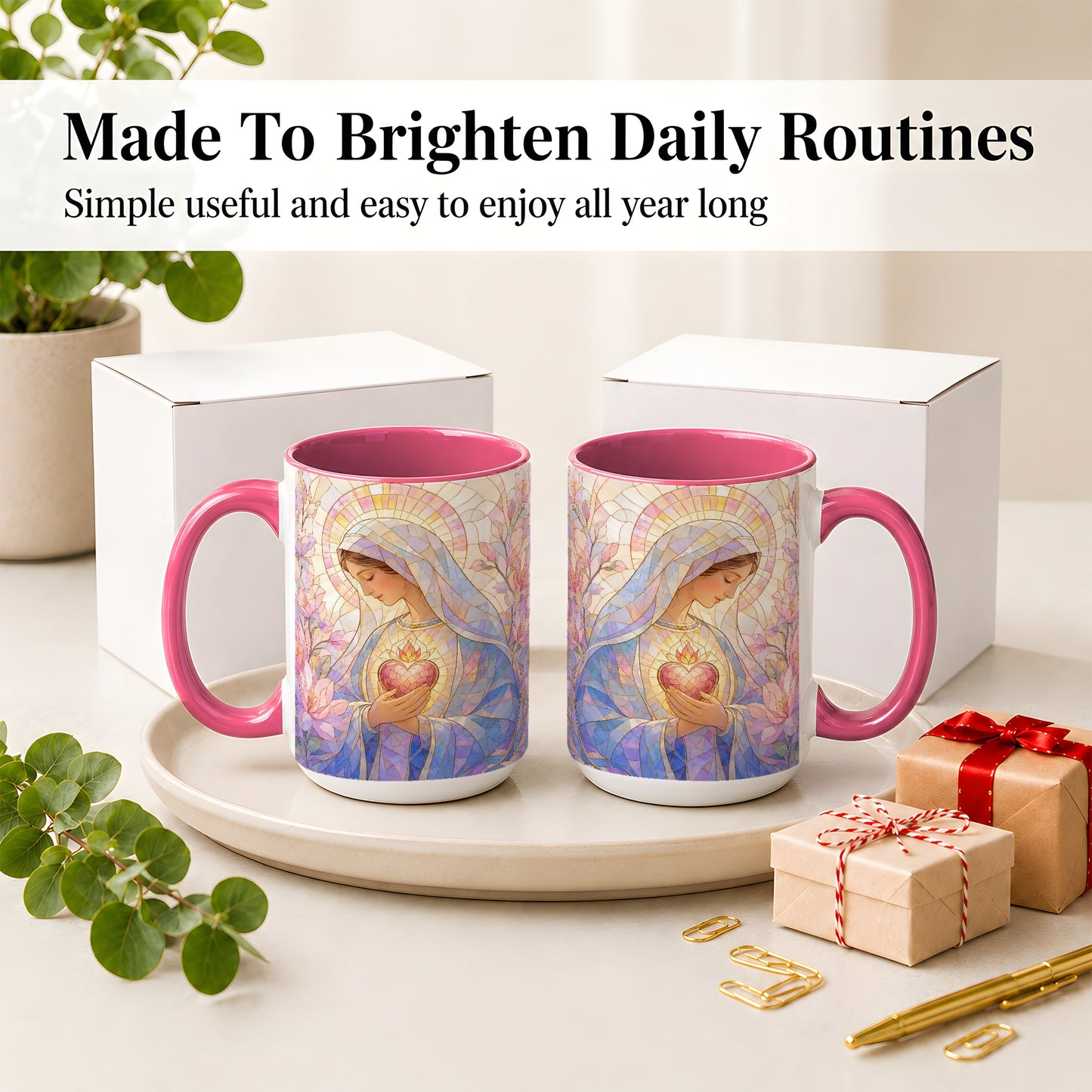 #pl[15oz|Pink] Marian Stained Glass Ceramic Mug, Floral Religious Art for Christians