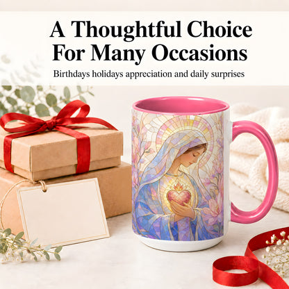 #pl[15oz|Pink] Marian Stained Glass Ceramic Mug, Floral Religious Art for Christians