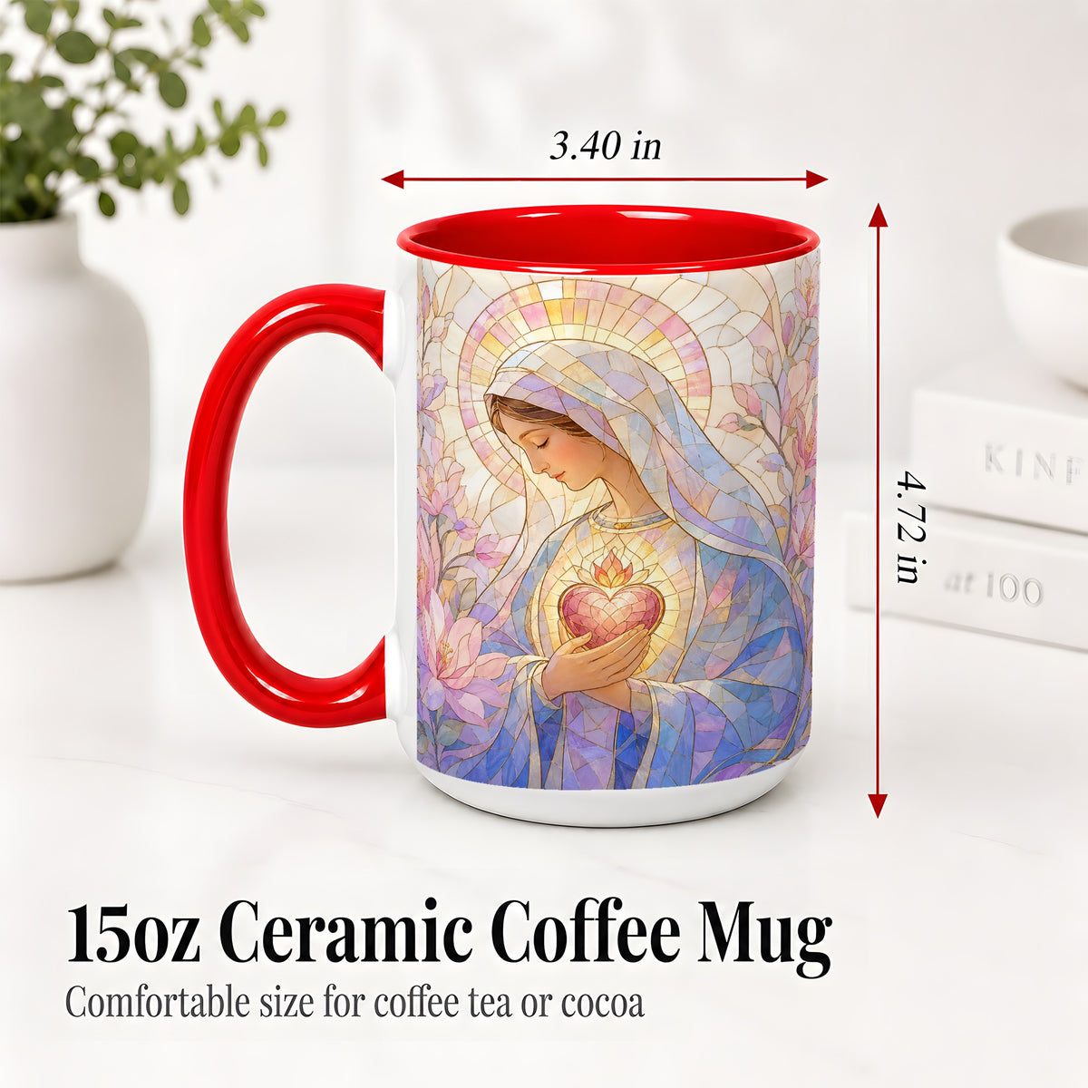 #pl[15oz|Red] Marian Stained Glass Ceramic Mug, Floral Religious Art for Christians